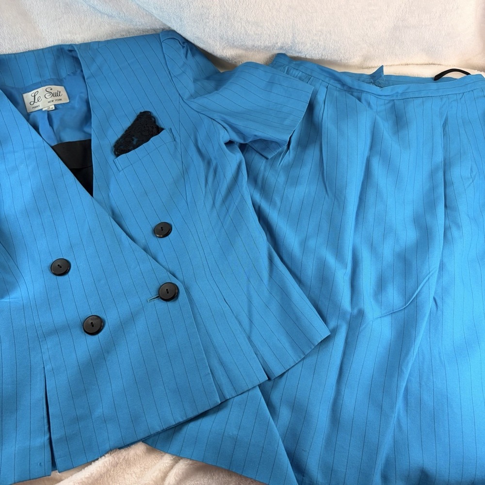 Vintage Le Suit 2-Piece Skirt Suit Set Aqua Blue Pinstripe Retro Power Dress 90s